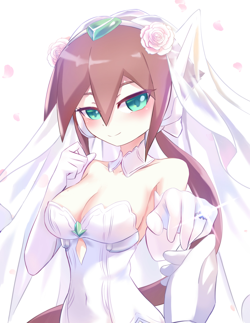 1girl absurdres aile_(mega_man_zx) blush breasts bridal_gauntlets brown_hair cleavage covered_navel dress gem green_eyes highres jewelry large_breasts long_hair looking_at_viewer mega_man_(series) mega_man_zx mega_man_zx_advent ponytail ring robot_ears solo veil wedding_dress white_bridal_gauntlets white_dress zerokun135