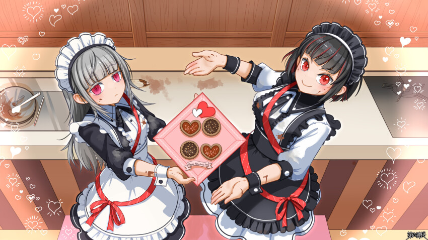 2girls black_dress black_hair cookie copyright_request dairoku_ryouhei dress food food_on_face grey_hair halo_sierra highres holding holding_plate indoors jyuusimatu long_hair looking_at_viewer lumerie_maleficarum maid maid_headdress mixing_bowl multicolored_hair multiple_girls plate red_eyes red_hair smile spatula standing streaked_hair wrist_cuffs