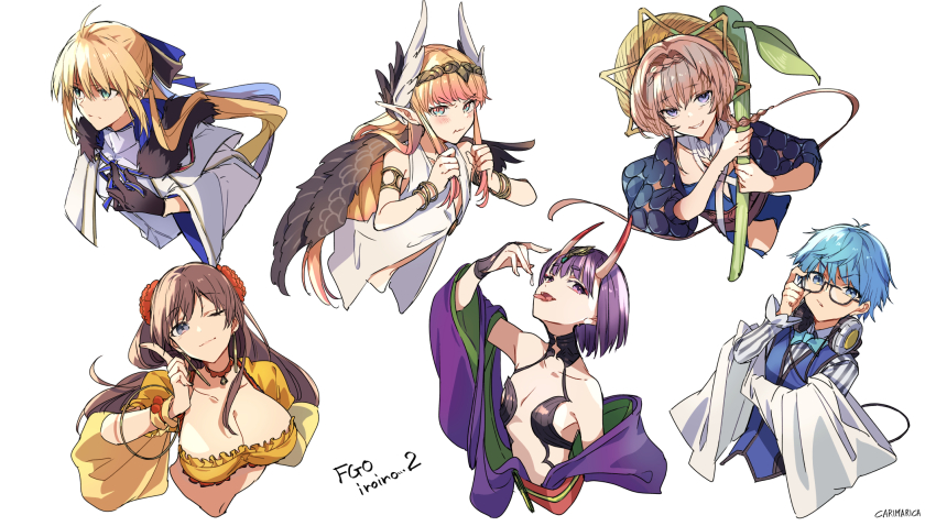 aesc_(fate) aesc_(savior)_(fate) ahoge armlet armor black_fur black_gloves black_sleeves blonde_hair blue_eyes blue_hair blue_ribbon blue_vest bob_cut bow bowtie bracelet braid breastplate breasts brown_hair brown_wings cape carimarica circe_(fate) circlet cleavage cloak clothing_cutout crown_braid earrings eyeliner fate/grand_order fate_(series) feathered_wings flower fur-trimmed_cloak fur_trim glasses gloves green_eyes grey_eyes hair_flower hair_ornament hair_ribbon hans_christian_andersen_(fate) hat head_wings headphones headpiece highres hoop_earrings horns japanese_clothes jewelry kimono lab_coat large_breasts makeup mata_hari_(fate) multicolored_eyes navel_cutout oni orange_hair pink_hair pointy_ears purple_eyes purple_hair purple_kimono revealing_clothes ribbon shirt short_eyebrows shuten_douji_(fate) side_braid sidelocks skin-covered_horns smile striped_clothes striped_shirt van_gogh_(fate) van_gogh_(first_ascension)_(fate) vertical-striped_clothes vertical-striped_shirt vest white_background white_cape white_cloak winged_hair_ornament wings yellow_headwear