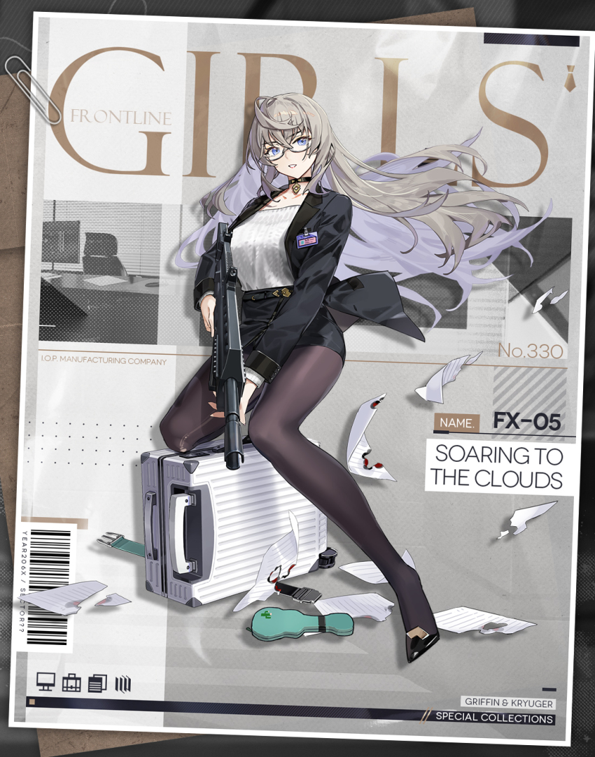 1girl artist_request assault_rifle bespectacled black_choker black_jacket black_pantyhose black_shoes black_skirt blue_eyes briefcase character_name choker collarbone commentary copyright_name english_commentary formal_clothes full_body fx-05_(girls&#039;_frontline) fx-05_(soaring_to_the_clouds)_(girls&#039;_frontline) fx-05_xiuhcoatl girls&#039;_frontline glasses grey_hair gun high_heels highres holding holding_gun holding_weapon id_card jacket long_hair long_sleeves looking_at_viewer office_lady official_alternate_costume official_art open_clothes open_jacket pantyhose patent_heels pencil_skirt promotional_art rectangular_eyewear rifle semi-rimless_eyewear shoes skirt skirt_suit solo stiletto_heels suit torn_clothes torn_pantyhose trigger_discipline under-rim_eyewear weapon