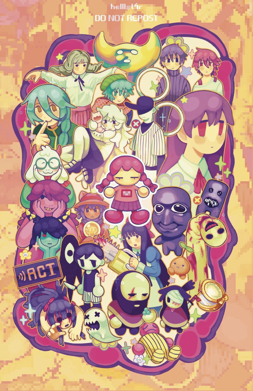 1other 6+boys 6+girls :3 add-on_(off) animal_ears ao_oni artist_name ashe_bradley aya_drevis bandaged_head bandages beanie beard black_eyes black_footwear black_hair black_hat black_skirt blockman_oni_(ao_oni) blonde_hair blood blood_on_face bloody_weapon blue_eyes blue_hair blue_skin blush_stickers bow bracelet brad_armstrong braid brown_hair buddy_(lisa) chainsaw charlotte_wiltshire closed_eyes closed_mouth collared_shirt colored_skin colored_teeth commentary crooked_man_(the_crooked_man) crossover deltarune ellen_(majo_no_ie) english_commentary expressionless eye_socket facial_hair fear_&amp;_hunger fear_&amp;_hunger_(series) fear_&amp;_hunger_2:_termina flower flowey_(undertale) ghost glasses goat_boy goat_ears green-framed_eyewear green_hat green_shirt hair_bow hat helllst4r hello_charlotte highres hiyori_sou holding holding_chainsaw holding_knife holding_weapon horns hylics ib_(ib) ib_(kouri) jersey jewelry katana kimi_ga_shine knife kris_(dark_world)_(deltarune) kris_(deltarune) light_bulb lisa_(series) lisa_the_joyful lisa_the_painful long_hair mad_father madotsuki maeno_aki magcat majo_no_ie marina_(fear_&amp;_hunger) multiple_boys multiple_girls multiple_hair_bows niko_(oneshot) off_(game) omori omori_(omori) oneshot_(game) open_mouth orange_background pajamas phillip_(space_funeral) pink_shirt pink_shoes pink_skin pink_skirt pixelated pocket_mirror poncho purple_hair purple_scarf purple_skirt ralsei red_bow red_eyes red_scarf scar scarf shirt shoes short_hair shorts skirt smile something_(omori) space_funeral sparkle spectre_(off) spiked_bracelet spikes sprout_mole star_(symbol) striped_clothes striped_pajamas susie_(dark_world)_(deltarune) susie_(deltarune) sword the_batter_(off) the_crooked_man the_oni_(ao_oni) tsugino_haru twin_braids undertale vertical-striped_clothes vertical-striped_pajamas wayne_(hylics) weapon white_flower white_hair white_shirt witch&#039;s_heart yellow_background yellow_eyes yellow_flower yellow_pajamas yellow_teeth yume_nikki zeno_(game)