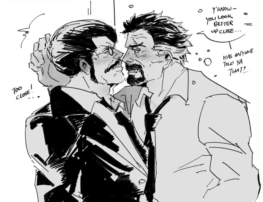 2boys bara blush facial_hair from_side goatee highres male_focus mature_male monkey_d._garp multiple_boys mustache old old_man one_piece original peedeeseel profile second-party_source sengoku_(one_piece) short_hair shy thick_eyebrows yaoi