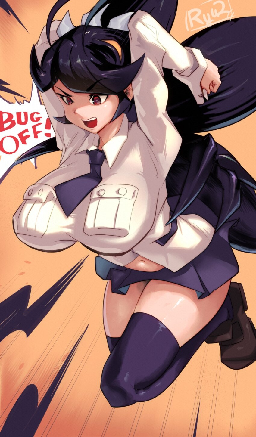 1girl arms_up breasts english_text filia_(skullgirls) highres large_breasts long_hair navel necktie open_mouth orange_background pleated_skirt prehensile_hair purple_hair red_eyes ryuji_(red-truth) school_uniform skirt skullgirls solo speech_bubble thick_thighs thighhighs thighs