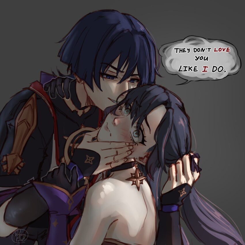 1boy 1girl aqua_eyes armor artist_name backless_leotard bare_shoulders black_bodysuit black_choker black_gloves black_hair black_kimono blunt_ends blush bodysuit bright_pupils choker closed_mouth covered_collarbone deep_skin detached_sleeves earrings english_text evil_smile eyelashes eyeliner eyeshadow genshin_impact gloves gold grey_background hair_intakes hand_in_another&#039;s_hair hand_on_another&#039;s_face hand_on_another&#039;s_neck hand_on_another&#039;s_wrist hands_up hetero highres japanese_armor japanese_clothes jewelry juban kimono kote kurokote leotard long_hair looking_at_another looking_up makeup mandarin_collar mona_(genshin_impact) multicolored_hair parted_bangs parted_lips pink_lips purple_eyes purple_hair purple_leotard purple_sleeves red_eyeliner red_eyeshadow red_kimono scaramouche_(genshin_impact) shoulder_blades single_sode smile speech_bubble star_(symbol) star_earrings streaked_hair tsurime twintails untying_hair weenyowl white_kimono white_mouth white_pupils wide-eyed wispy_bangs