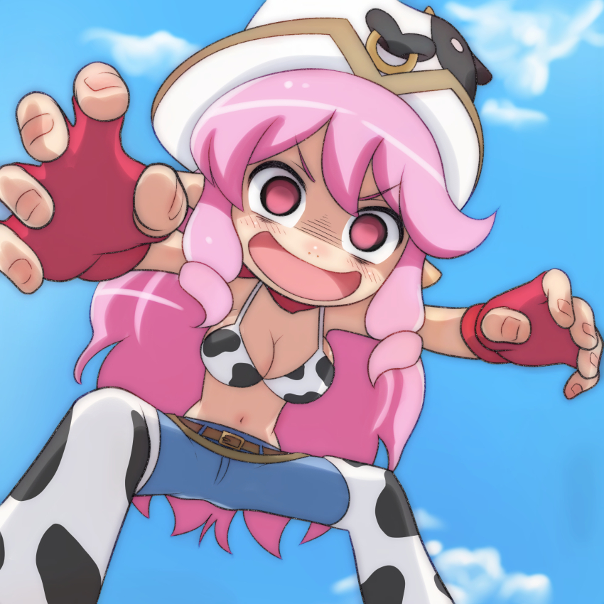 1girl animal_hat animal_print bandana belt bikini bikini_top_only blue_pants blush bow_print breasts brown_belt chaps cleavage cloud cow_girl cow_hat cow_print cow_print_bikini cowboy_hat crazy_smile denim etotama fingerless_gloves from_below gloves hat highres jeans large_breasts leaning_forward long_hair moo-tan navel open_mouth pants pink_eyes pink_hair pointy_ears print_bikini print_chaps red_bandana red_gloves sky smile standing swimsuit t_jiroo_(ringofriend) white_bikini white_chaps white_hat
