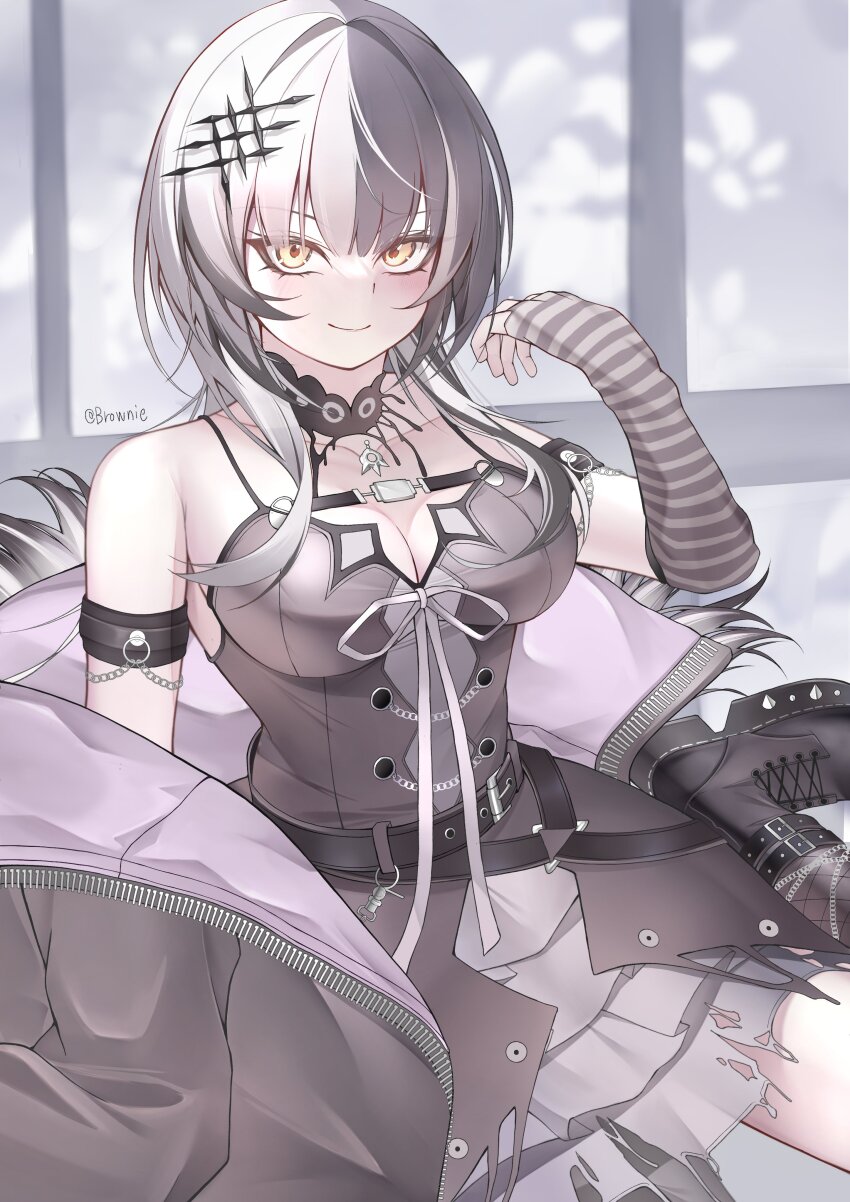 1girl absurdres arm_strap belt black_belt black_boots black_choker black_coat black_dress black_hair blush boots breasts brownie55750971 chest_belt choker cleavage closed_mouth coat dress fur-trimmed_coat fur_trim grey_hair hair_between_eyes hair_ornament hand_up hashtag-only_commentary high_heel_boots high_heels highres hololive hololive_english large_breasts looking_at_viewer multicolored_hair off_shoulder open_clothes open_coat platform_boots shiori_novella shiori_novella_(1st_costume) sitting sleeveless sleeveless_dress smile solo spiked_boots split-color_hair striped_arm_warmers twitter_username two-tone_hair virtual_youtuber wariza yellow_eyes zipper