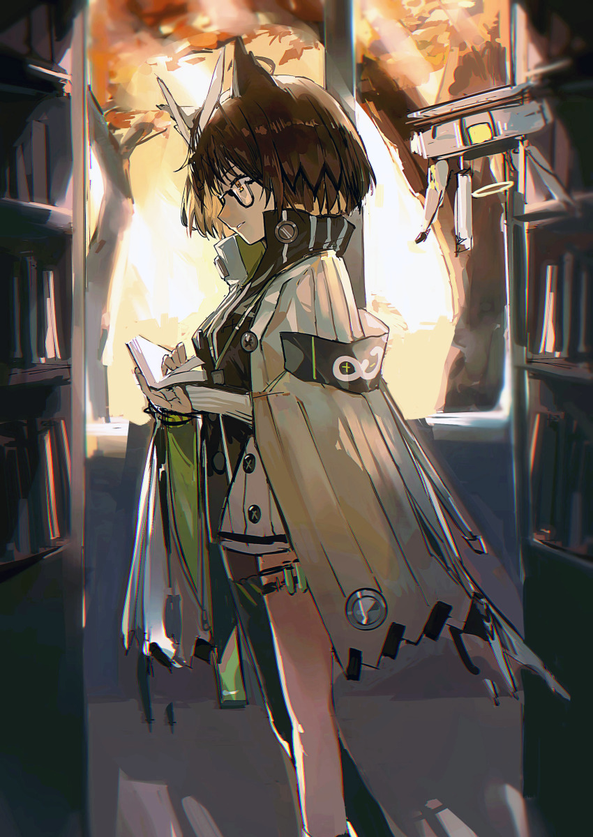1girl absurdres arknights armband black_dress black_pantyhose book bookshelf brown_hair cape commentary dress drone feather_hair feet_out_of_frame from_side glasses highres holding holding_book indoors jacket long_sleeves open_book pantyhose rhine_lab_logo robot short_hair silence_(arknights) single_leg_pantyhose solo sudadachi test_tube thigh_strap unfinished white_cape white_jacket window