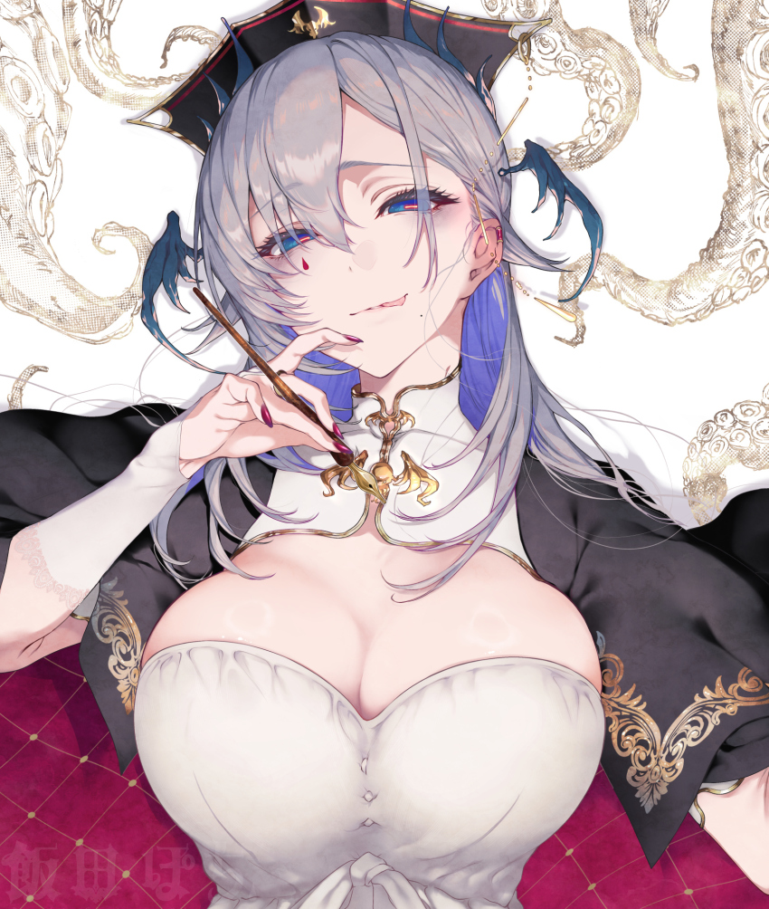 1girl :q asymmetrical_bangs black_cloak blue_eyes breasts cleavage cleavage_cutout cloak clothing_cutout colored_inner_hair commentary dalachi_(headdress) dress earclip eyelashes fingernails gold_trim grey_hair hair_between_eyes head_wings high_collar highres holding holding_pen indie_virtual_youtuber lace-trimmed_bridal_gauntlets large_breasts long_hair looking_at_viewer mole mole_under_mouth mousepad_(medium) multicolored_hair naughty_face nib_pen_(object) official_art pen pochi_(pochi-goya) pochimaru_(vtuber) pochimaru_(vtuber)_(4th_costume) portrait purple_hair red_nails shrug_(clothing) solo teardrop_facial_mark tentacles tongue tongue_out two-sided_cloak two-sided_fabric virtual_youtuber watermark white_dress wings