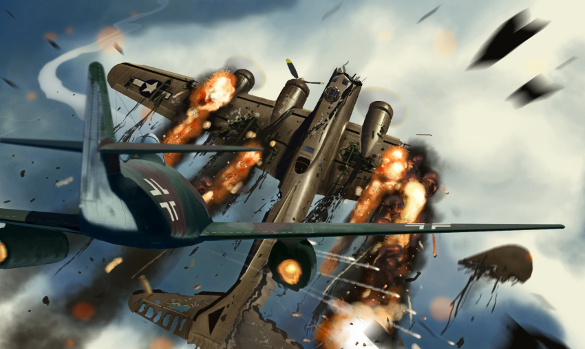 aircraft airplane b-17 battle bomber cloud damaged debris fighter_jet fire highres jet_engine me_262 military military_vehicle no_humans propeller river roc roc_(h7e3n9r8y) vehicle_focus world_war_ii