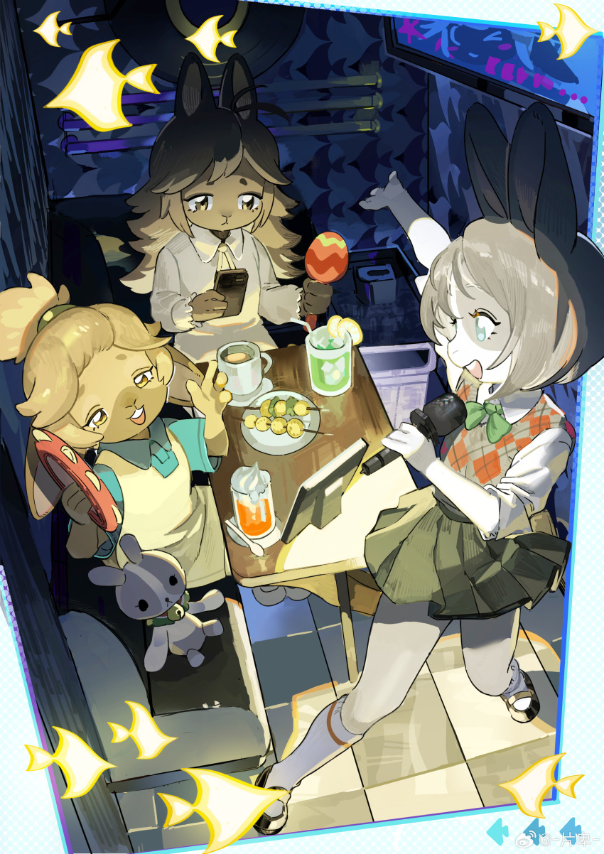 3girls absurdres animal_print antenna_hair arm_up bell black_shoes blue_eyes blue_shirt bob_cut body_fur border bow bowtie brown_eyes brown_hair buck_teeth cellphone collared_shirt cream cup dress drink drinking_glass drinking_straw eye_contact female_focus fish_print flat_chest food fruit full_body furry furry_female green_bow green_bowtie green_skirt grey_fur grey_hair hair_flaps half-closed_eyes hand_up happy highres holding holding_instrument holding_maracas holding_microphone holding_phone holding_tambourine huanglading_(magiace) indoors instrument jingle_bell karaoke kneehighs lemon lemon_slice long_hair looking_at_another magiace maracas microphone miniskirt mug multiple_girls music neck_ribbon open_mouth original outside_border outstretched_arm phone picture_frame pinafore_dress plate pleated_skirt rabbit_ears rabbit_girl ribbon school_uniform shengdan_(magiace) shirt shoes short_hair siblings sidelocks singing sisters sitting skewer skirt sleeveless sleeveless_dress sleeves_rolled_up smartphone smile socks songrong_(magiace) spoon standing stuffed_animal stuffed_rabbit stuffed_toy sweater_vest table tambourine teeth thighs tile_floor tiles two-tone_fur two-tone_vest watermark weibo_watermark white_fur white_shirt white_socks yellow_dress