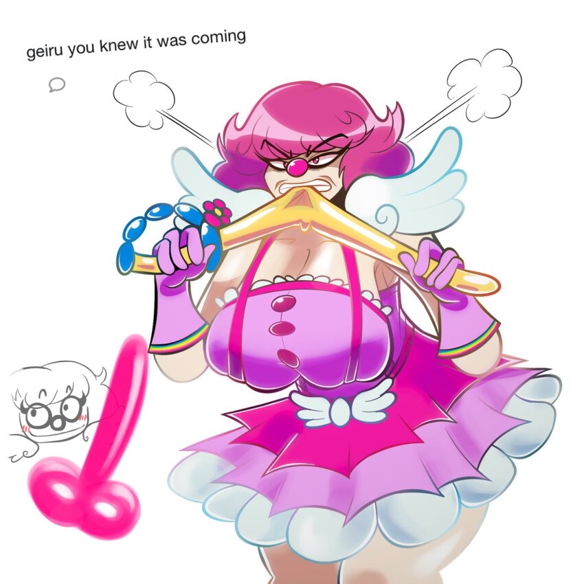 ace_attorney angry balloon_animal character_request clown dress english_text funy0nion geiru_toneido gloves highres phoenix_wright:_ace_attorney_-_spirit_of_justice pink_dress pink_eyes pink_gloves pink_hair rainbow_print