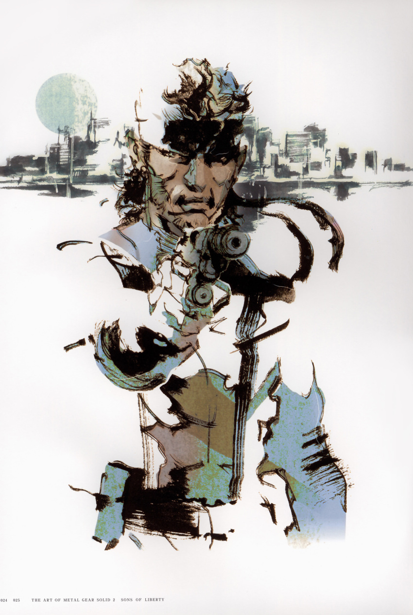 1boy absurdres aiming arm_at_side artbook bandana belt belt_pouch bodysuit brown_hair city closed_mouth english_text facial_hair gun handgun headband highres holding holding_gun holding_weapon long_hair male_focus metal_gear_(series) metal_gear_solid_2:_sons_of_liberty official_art pouch scan shinkawa_youji sideways_glance sneaking_suit solid_snake solo suppressor utility_belt weapon white_background