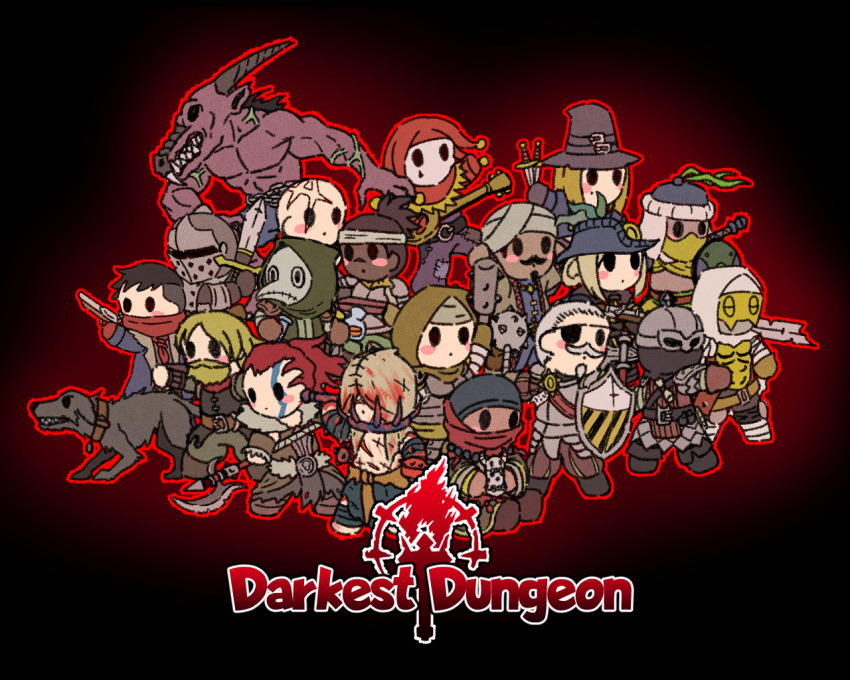 abomination_(darkest_dungeon) antiquarian_(darkest_dungeon) arbalest_(darkest_dungeon) armor bandaged_chest bandana bandana_over_mouth beard black_hair blonde_hair blue_tabard boots bounty_hunter_(darkest_dungeon) brown_hair chain coat collar crusader_(darkest_dungeon) darkest_dungeon dog eyepatch facial_hair flagellant_(darkest_dungeon) frilled_collar frills fur_trim gauntlets glaive_(polearm) gloves gold_mask graverobber_(darkest_dungeon) halberd half_mask hat hat_feather hellion_(darkest_dungeon) helm helmet highwayman_(darkest_dungeon) holding holding_knife holding_lute holding_weapon hood hood_up houndmaster_(darkest_dungeon) instrument jester_(darkest_dungeon) jester_cap knife knight kuroguy leather_armor leper_(darkest_dungeon) long_hair long_sword man-at-arms_(darkest_dungeon) mask multiple_boys multiple_girls musketeer_(darkest_dungeon) nun occultist_(darkest_dungeon) overcoat plague_doctor_(darkest_dungeon) plague_doctor_mask polearm ponytail potion scale_armor shieldbreaker_(darkest_dungeon) short_hair shoulder_armor studded_armor tabard vestal_(darkest_dungeon) weapon white_hood white_mask yellow_mask