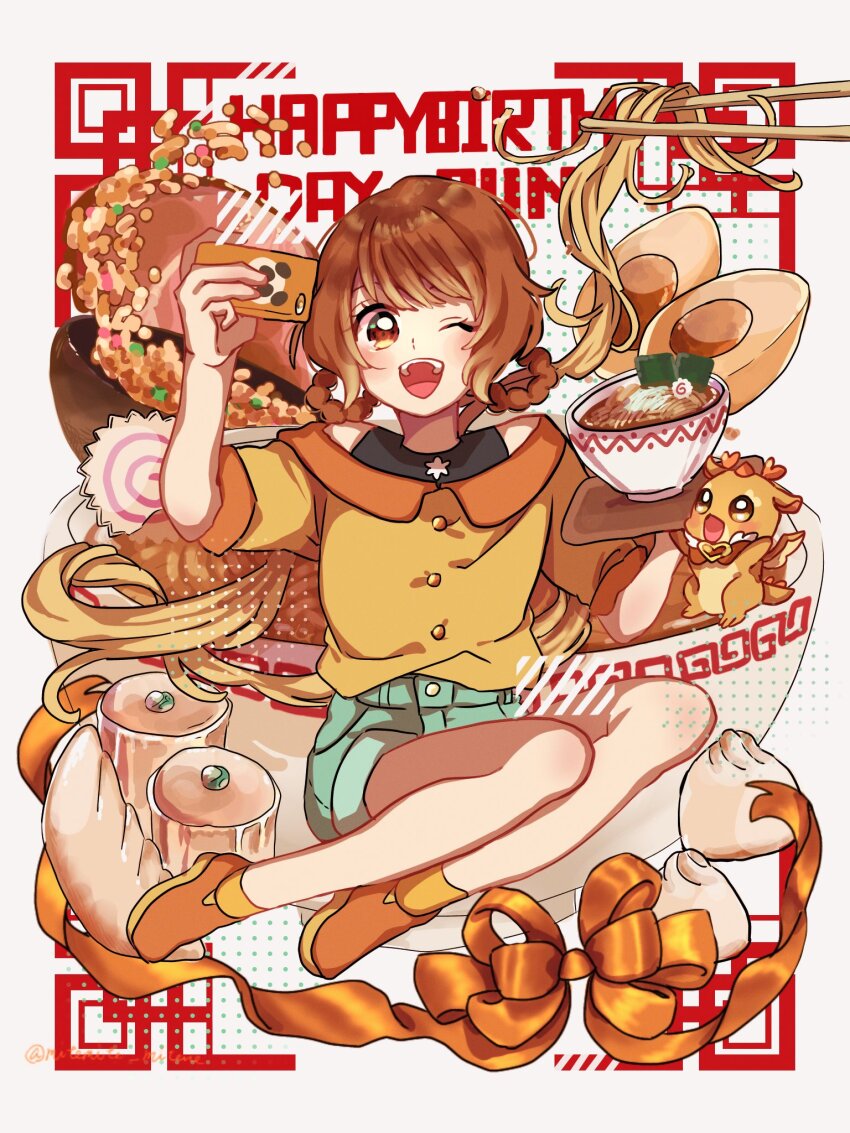 1girl bare_legs braid chinese_food chinese_zodiac chopsticks delicious_party_precure dots egg food fried_rice frying_pan hanamichi_ran hardboiled_egg highres holding holding_food holding_phone mem-mem_(precure) noodles one_eye_closed open_mouth panda parted_bangs phone plate precure ramen ribbon sekiguchi_(mitemite_mitene) shoes short_sleeves shorts shumai_(food) sitting sneakers solo solo_focus tank_top twin_braids