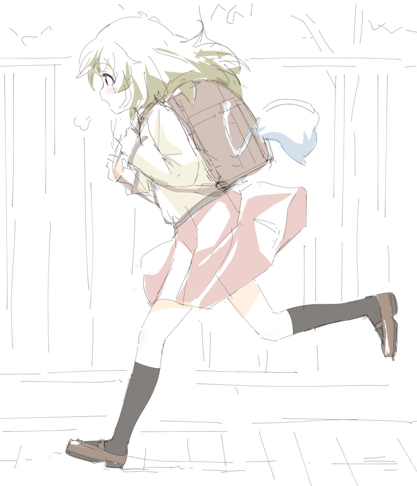 1girl bag black_socks blush brown_shoes deaimon from_side full_body heavy_breathing highres huffing long_hair monochrome_background outdoors pink_skirt running shoes sincos sketch skirt socks solo sweater yellow_sweater yukihira_itsuka