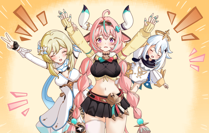 3girls ^_^ absurdres ahoge animal_ears aqua_hair arm_up arms_up black_gloves black_skirt blonde_hair blush breasts cleavage closed_eyes commentary_request cow_ears cow_girl cow_horns crop_top detached_sleeves dress flower genshin_impact gloves hair_between_eyes hair_flower hair_ornament halo highres horns large_breasts long_hair long_sleeves looking_at_viewer lumine_(genshin_impact) medium_breasts miniskirt multicolored_hair multiple_girls navel open_mouth paimon_(genshin_impact) parted_lips partially_fingerless_gloves pink_hair pleated_skirt purple_eyes short_hair_with_long_locks single_thighhigh skirt sleeveless sleeveless_dress star_(symbol) star_hair_ornament stomach streaked_hair suraberu teeth thighhighs triquetra upper_teeth_only v varesa_(genshin_impact) very_long_hair white_dress white_flower white_romper white_sleeves white_thighhighs yellow_background yellow_sleeves