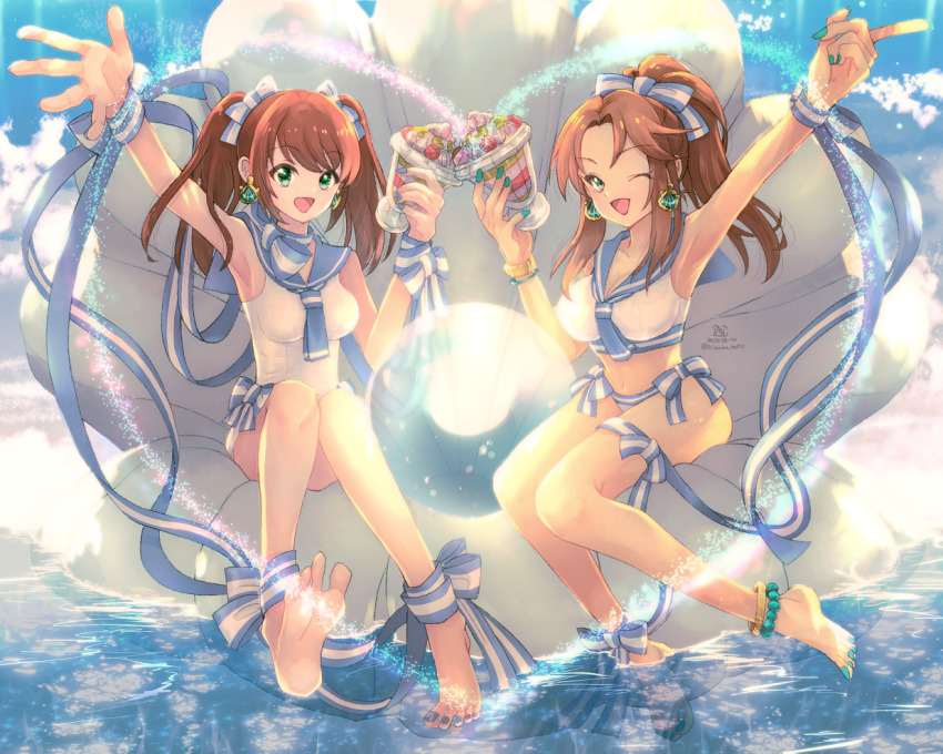 1boy 1girl anklet aqua_nails bead_anklet beads bikini blue_bow blue_eyes blue_nails blue_ribbon blue_sky bow breast_padding breasts brown_hair clam_shell cloud crossdressing drink earrings green_eyes hair_bow heart hinako_(talto) holding holding_drink idolmaster idolmaster_cinderella_girls idolmaster_side-m jewelry large_breasts long_hair male_with_breasts matsumoto_sarina mizushima_saki nail_polish ocean ponytail ribbon sailor_bikini sailor_collar sailor_swimsuit_(idolmaster) sky sparkle striped_bow striped_ribbon swimsuit trap twintails water white_bow white_ribbon