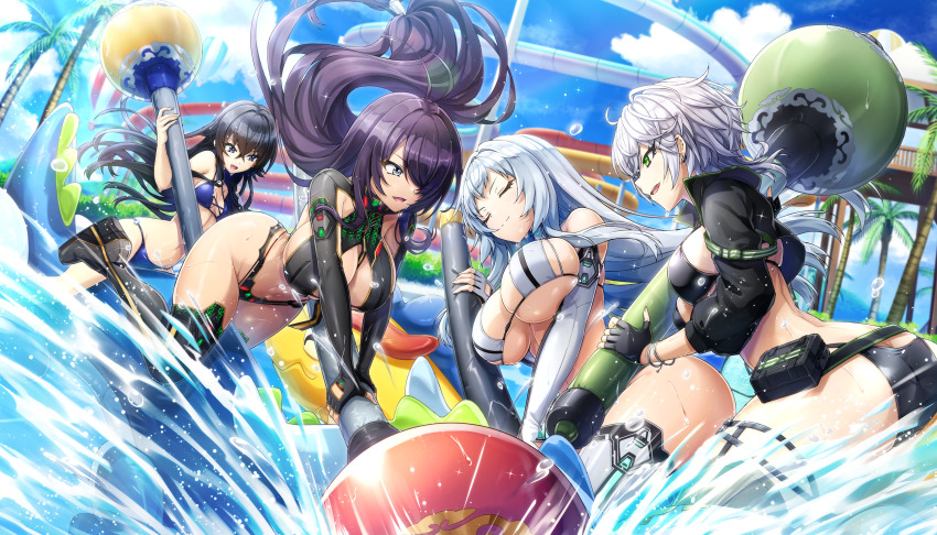 4girls ass bikini black_hair blue_eyes blue_hair bracelet breasts butt_crack chouun_shiryuu cleavage closed_eyes crossed_bangs dolphin_wave elbow_gloves fingerless_gloves game_cg gloves green_eyes hagane_otsuki hair_between_eyes hair_over_one_eye highres ikkitousen jacket jewelry kan&#039;u_unchou large_breasts long_hair medium_breasts multiple_girls non-web_source official_art ootomo_takuji purple_eyes purple_hair sarah_anthony small_breasts swimsuit thighhighs underboob very_long_hair waterpark