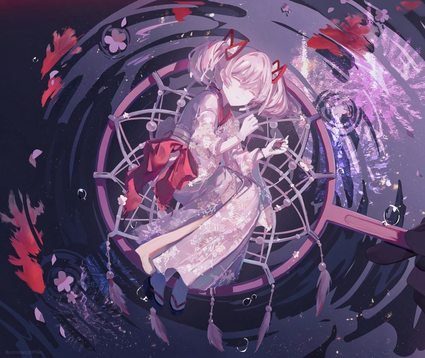 1girl absurdres alternate_costume bow floral_print floral_print_kimono gloves hair_between_eyes highres japanese_clothes kaname_madoka kimono long_hair lying mahou_shoujo_madoka_magica mahou_shoujo_madoka_magica_(anime) obi on_side phlic pink_hair pink_kimono pink_sash print_kimono red_bow sandals sash short_twintails sidelocks sleeping socks solo twintails white_gloves white_socks