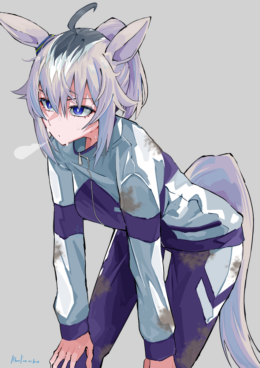 1girl absurdres ahoge animal_ears ao_no_kitsune artist_name blue_eyes blue_jacket blue_pants closed_mouth commentary dirty dirty_clothes ear_ornament grey_hair hands_on_own_knees highres horse_ears horse_girl horse_tail jacket kasamatsu_tracen_training_uniform leaning_forward looking_to_the_side medium_hair oguri_cap_(umamusume) pants ponytail sigh signature simple_background solo standing tail track_jacket track_pants umamusume umamusume:_cinderella_gray