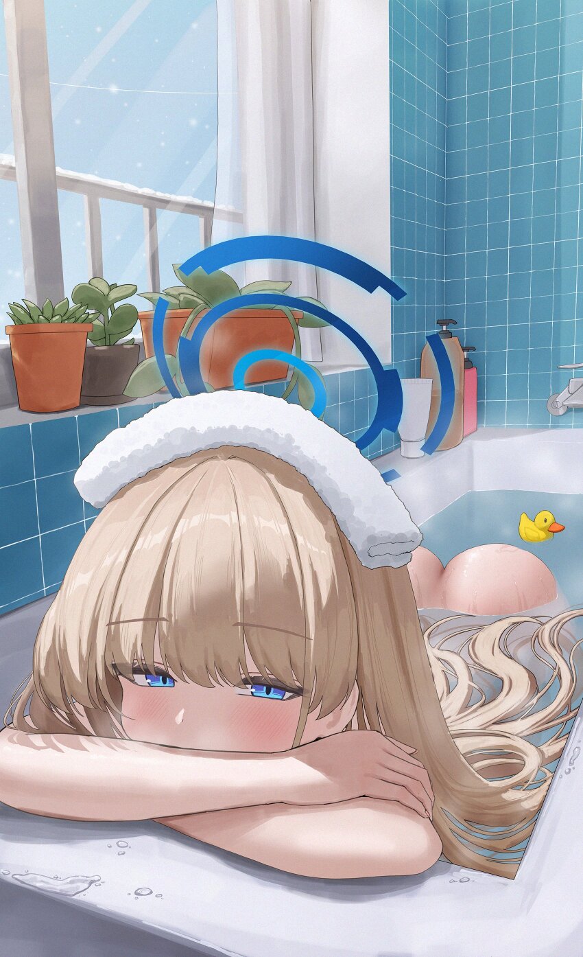 1girl absurdres ass bath bathing bathroom bathtub blonde_hair blue_archive blue_eyes blue_halo blush brown_hair commentary completely_nude covered_mouth crossed_arms floating_hair hair_between_eyes hair_down hair_spread_out half-closed_eyes halo highres indoors long_hair lying maji_(majidesu3) nude on_stomach partially_submerged relaxing rubber_duck solo symbol-only_commentary tile_wall tiles toki_(blue_archive) towel towel_on_head tsurime very_long_hair wet window