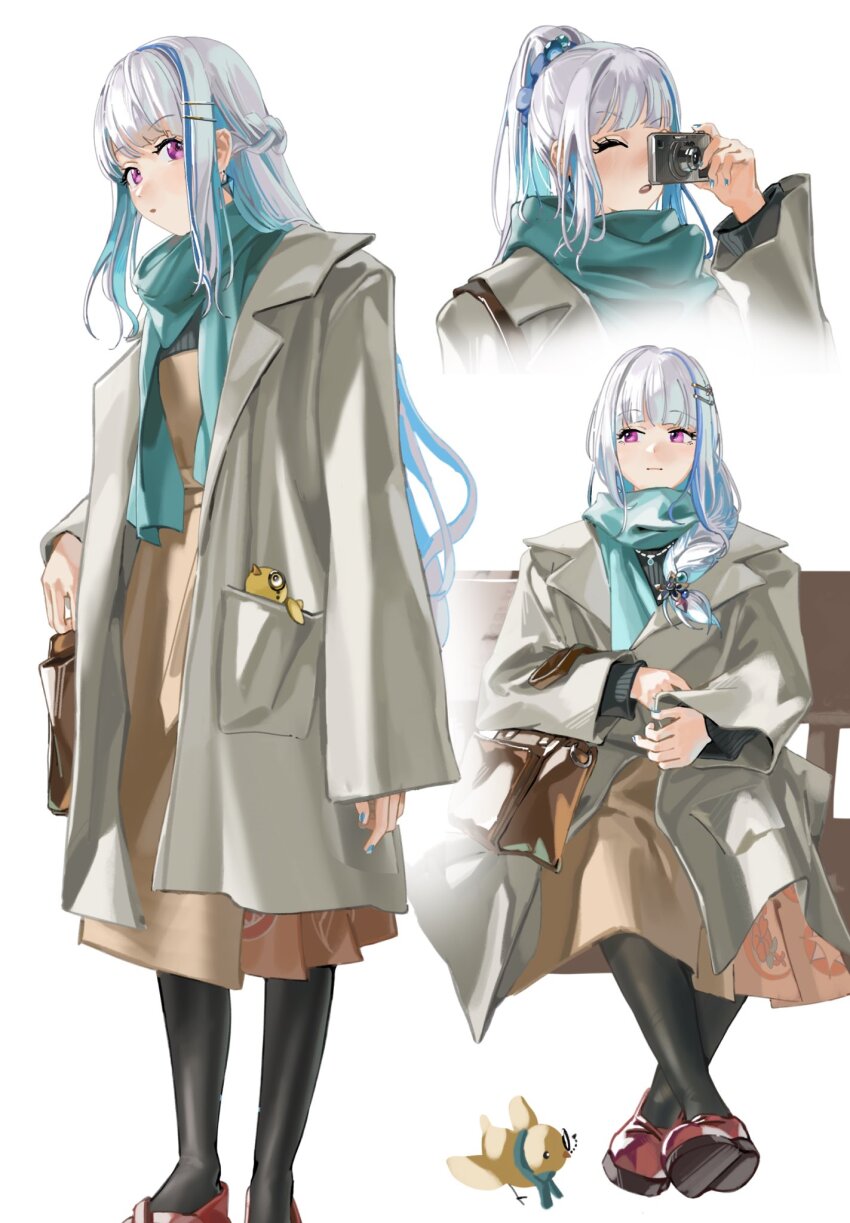 1girl animal aqua_nails aqua_scarf bag bird black_pantyhose blue_hair blue_scrunchie blunt_bangs braid brown_bag brown_dress camera closed_mouth clothed_animal coat commentary_request crystal_earrings dress earrings eyelashes full_body grey_coat hair_ornament hair_over_shoulder hairpin half_up_braid highres holding holding_camera in_pocket jewelry light_blush lize_helesta lize_helesta_(5th_costume) long_hair long_sleeves looking_at_viewer looking_to_the_side low-braided_long_hair low-tied_long_hair medium_dress monocle multicolored_hair multiple_hairpins multiple_views nail_polish nijisanji on_bench one_eye_closed open_clothes open_coat open_mouth pantyhose pleated_dress ponytail purple_eyes red_footwear rippoutai_fuusen scarf scrunchie sebastian_piyodore shoes shoulder_bag sidelocks sideways_glance simple_background sitting standing streaked_hair taking_picture upper_body very_long_hair virtual_youtuber white_background white_hair yellow_bird