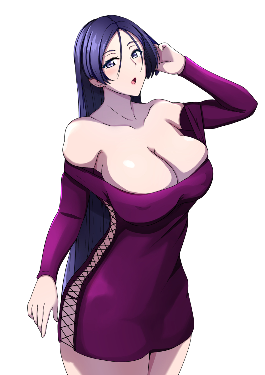 1girl alternate_costume barghest_(fate) barghest_(fate)_(cosplay) barghest_(like_a_lady)_(fate) breasts cleavage cosplay covered_erect_nipples dress fate/grand_order fate_(series) highres large_breasts long_hair minamoto_no_raikou_(fate) off_shoulder purple_dress purple_eyes purple_hair short_dress simple_background sungose very_long_hair white_background