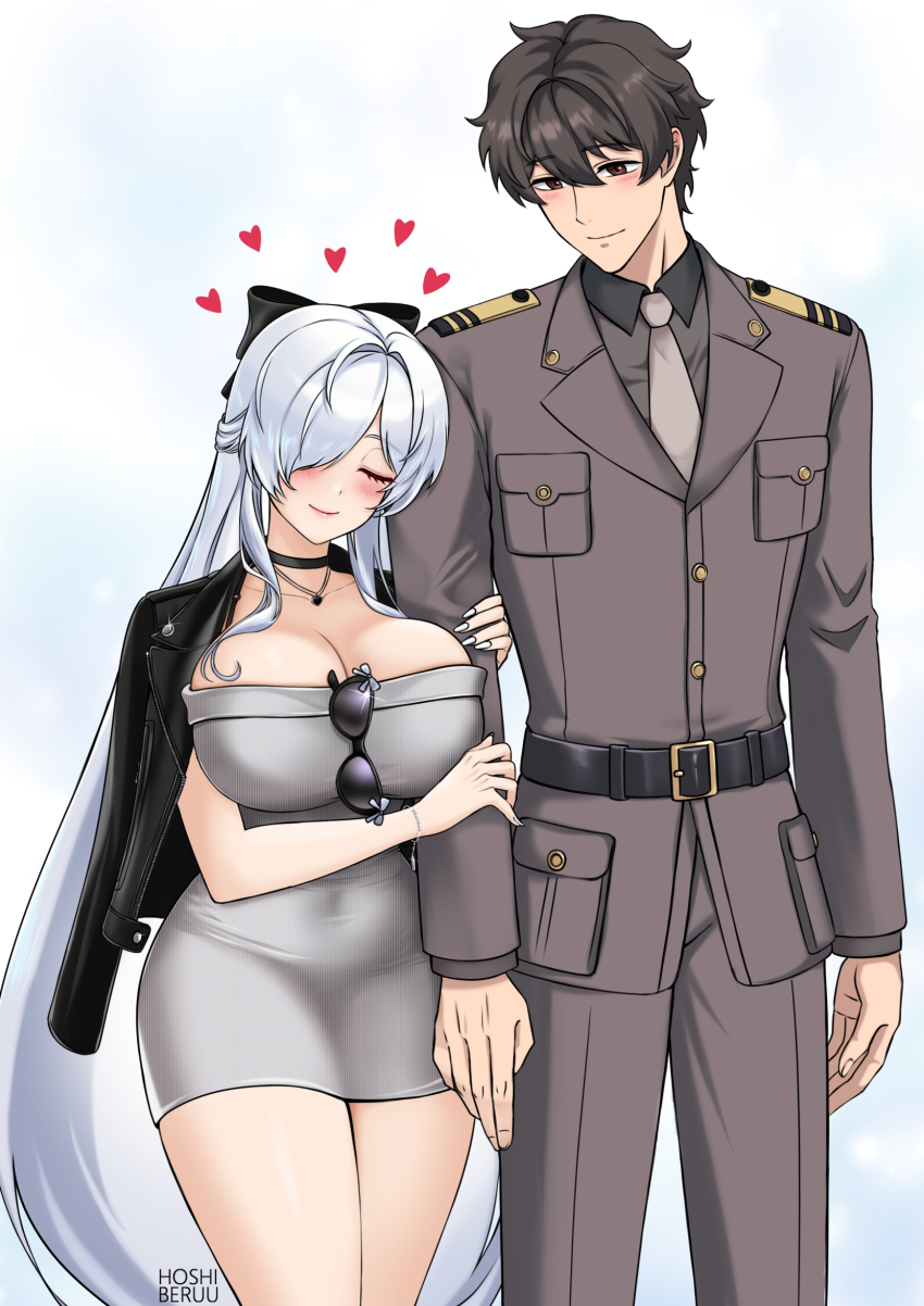1boy 1girl black_choker black_jacket black_ribbon blush breasts brown_hair brown_pants brown_shirt choker cinderella_(beautiful_me)_(nikke) cinderella_(nikke) cleavage closed_eyes commander_(nikke) commentary dongtan_dress dress english_commentary fingernails goddess_of_victory:_nikke grabbing_another&#039;s_arm grey_dress grey_necktie hair_over_one_eye hair_ribbon heart height_difference highres hoshiberuu jacket jewelry long_fingernails long_hair long_sleeves looking_at_another male_focus meme_attire messy_hair military_uniform navel necklace necktie pants ribbon shirt short_hair smile sunglasses tight_clothes white_hair