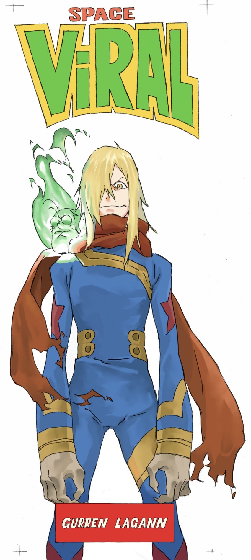 absurdres aura blonde_hair bodysuit boota_(ttgl) character_name copyright_name crossed_arms hair_over_one_eye highres scarf sushio tengen_toppa_gurren_lagann viral_(ttgl) white_background yellow_eyes