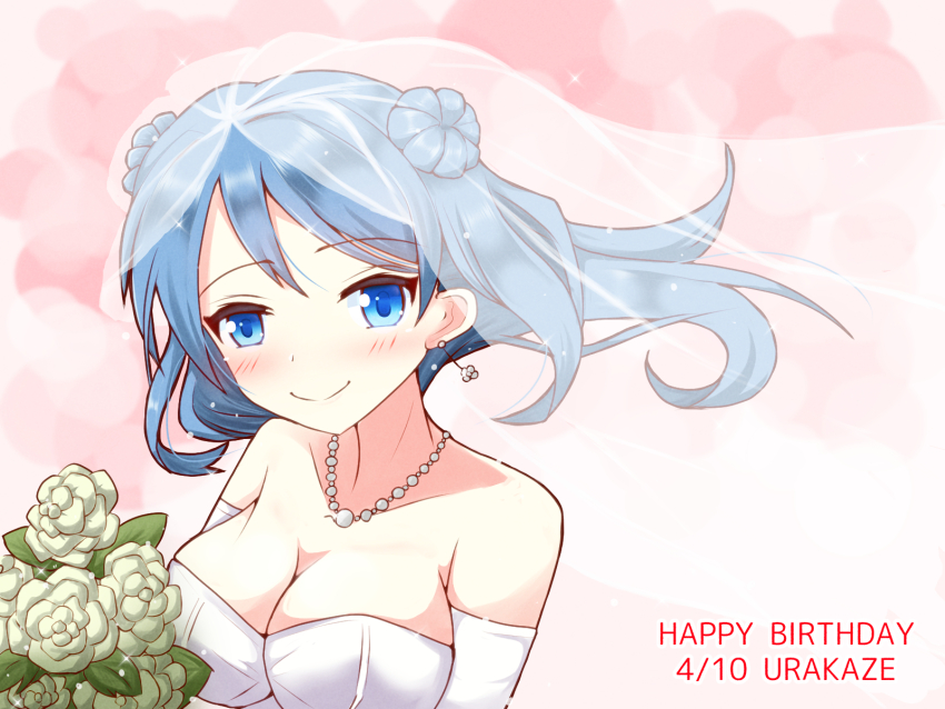 1girl bad_anatomy birthday blue_eyes blue_hair blush breasts bridal_veil bride character_name cleavage detached_sleeves double_bun dress english_text flower hair_bun hair_raising happy_birthday highres holding holding_flower jewelry kantai_collection large_breasts long_hair looking_at_viewer medium_breasts necklace sawatani_(chevalier_04056) smile solo urakaze_(kancolle) veil wedding_dress