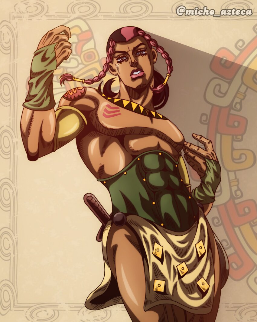 1boy abs araki_hirohiko_(style) arm_tattoo armband braid chest_tattoo commentary corset dark-skinned_male dark_skin english_commentary green_bridal_gauntlets green_corset highres jewelry jojo_no_kimyou_na_bouken knife loincloth makeup male_focus micho_azteca muscular muscular_male native_american necklace official_style parted_lips pelvic_curtain pink_eyes pink_hair pink_lips sandman_(sbr) solo steel_ball_run tattoo teeth topless_male triangle_print twin_braids twitter_username yellow_armband yellow_loincloth
