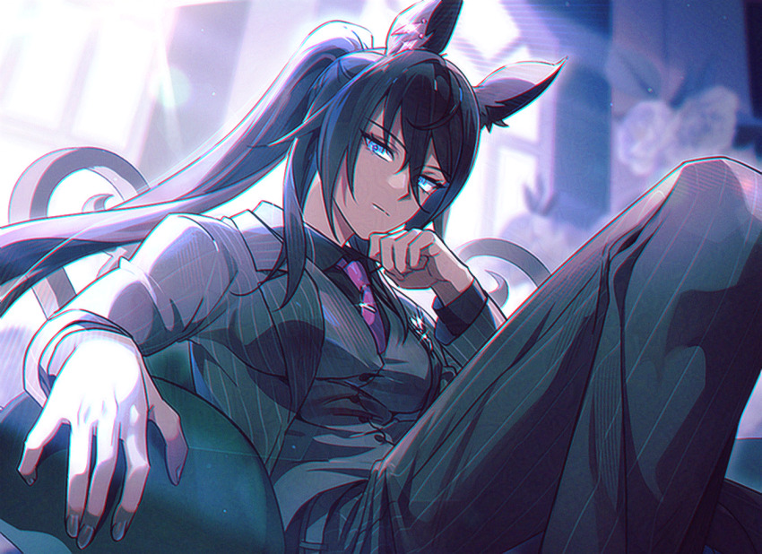 1girl alternate_costume animal_ears black_hair black_pants blue_eyes breasts commentary_request dark-skinned_female dark_skin earrings formal_clothes hair_between_eyes horse_ears horse_girl horse_tail indoors jewelry lens_flare long_hair medium_breasts murangee necktie on_chair pants pinstripe_jacket pinstripe_pattern pinstripe_suit ponytail red_necktie single_earring sitting solo suit symboli_kris_s_(umamusume) tail tie_clip umamusume very_long_hair window