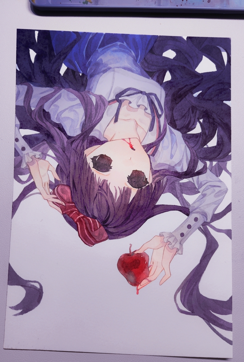1girl absurdres apple blood blood_from_mouth blood_on_hands bow collarbone dress food fruit hair_bow hair_spread_out highres holding holding_food holding_fruit hollow_eyes kirishiki_sunako long_hair long_sleeves looking_at_viewer lying on_back painting_(medium) parted_lips purple_hair quan_1919 red_bow ribbon shiki_(novel) sleeves_past_wrists solo striped_bow traditional_media very_long_hair watercolor_(medium) white_dress