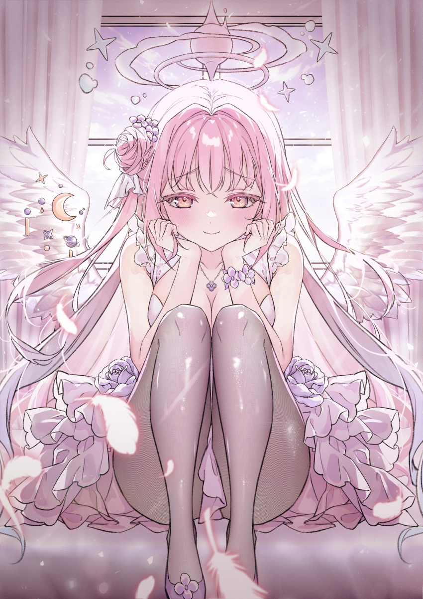 1girl absurdres bare_arms black_pantyhose blue_archive blush breasts cleavage commentary curtains dress falling_feathers feathers flower flower_necklace footwear_flower frilled_dress frills hair_bun hair_flower hair_ornament halo hands_on_own_face hands_up hibi2scus highres indoors jewelry large_breasts long_hair looking_at_viewer mika_(blue_archive) necklace on_bed pantyhose pink_hair pink_halo purple_dress purple_flower purple_shoes shoes single_hair_bun sitting smile solo white_wings window wings yellow_eyes