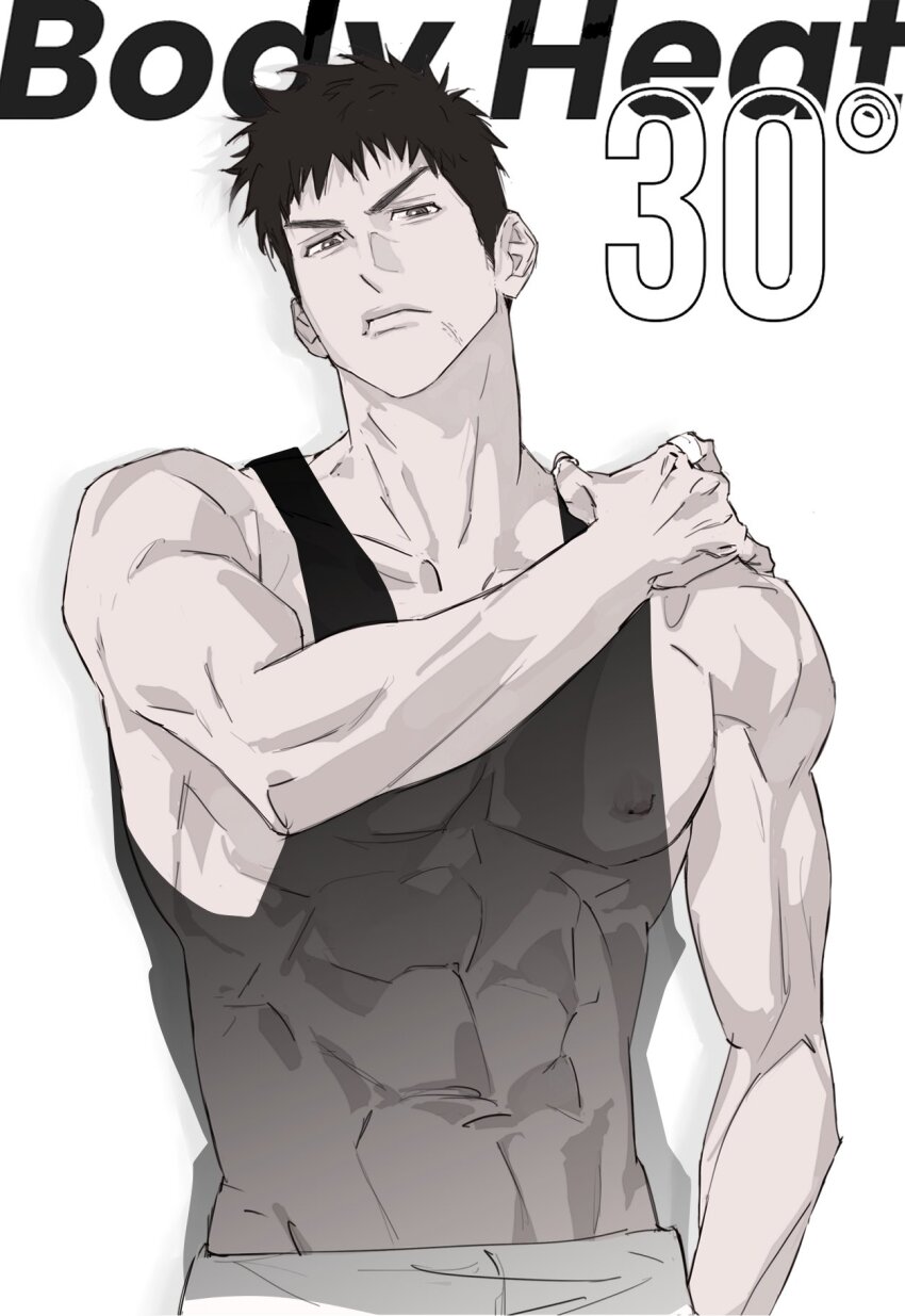 11114tai 1boy abs arm_up bare_pectorals commentary covered_erect_nipples covered_pectorals cowboy_shot english_text greyscale hand_on_own_shoulder head_tilt highres male_focus mitsui_hisashi monochrome muscular muscular_male navel pants pectorals see-through_clothes short_hair sideburns simple_background slam_dunk_(series) solo standing symbol-only_commentary tank_top white_background