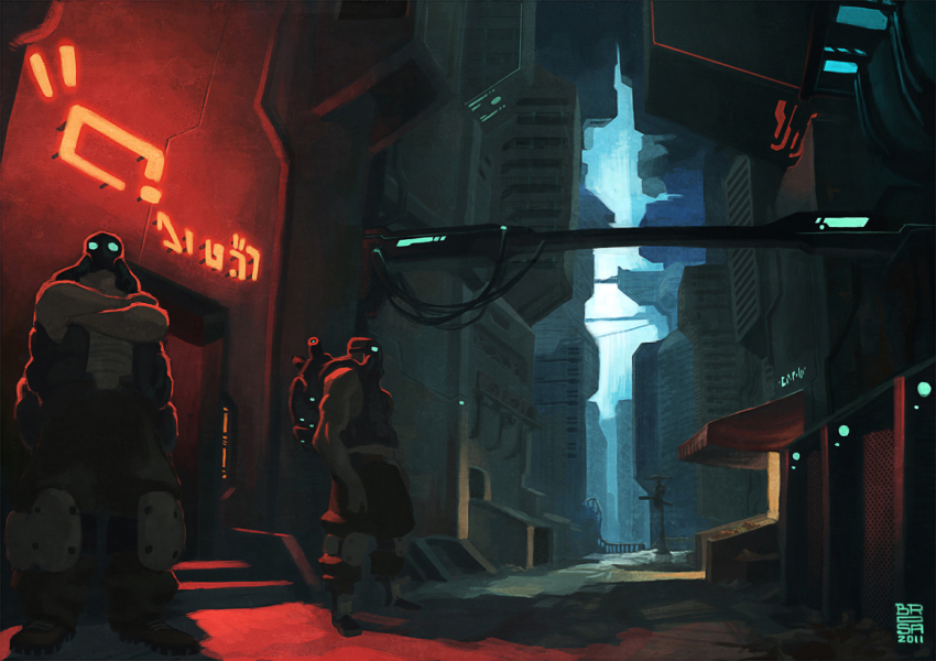2boys alley armor brosa building city cyberpunk dark day glowing knee_pads light male_focus multiple_boys neon_lights nightclub original outdoors scenery science_fiction