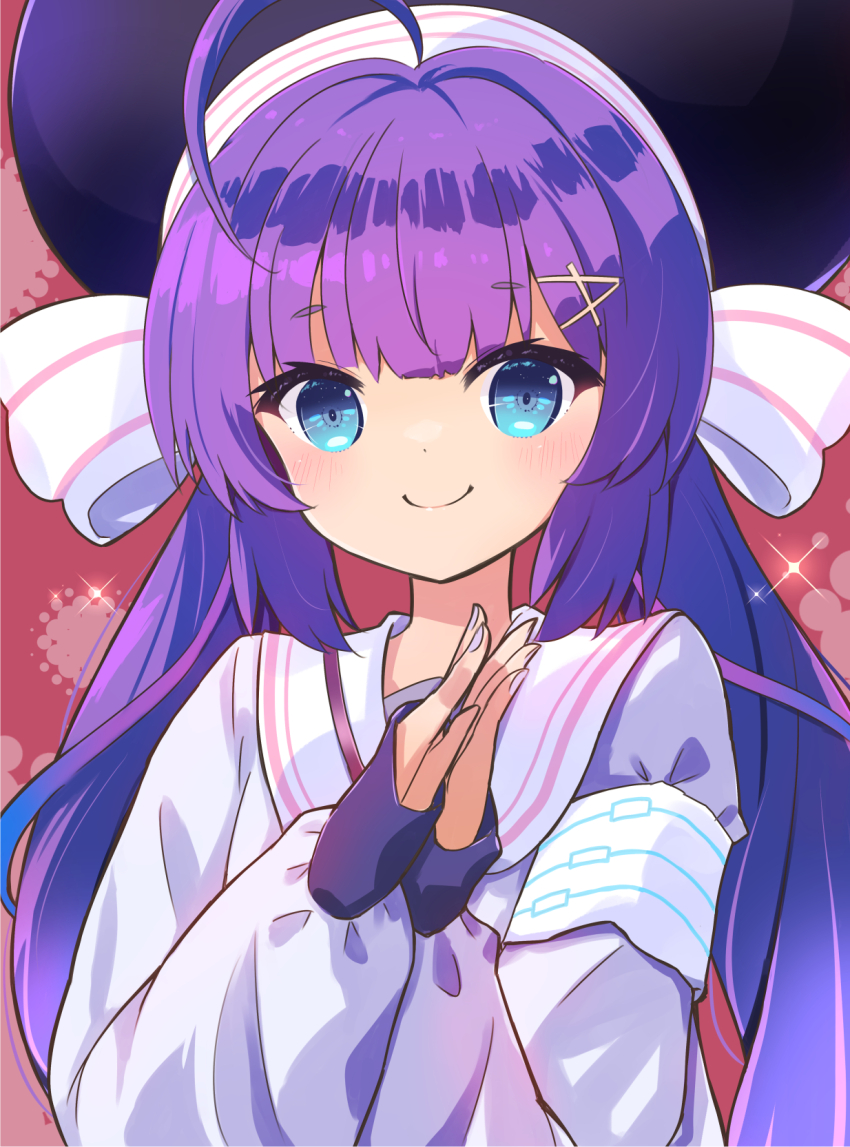 1girl ahoge animal_hat armband black_hat blue_eyes blunt_bangs closed_mouth eel_hat gradient_hair hair_between_eyes hair_ornament hairclip halftone halftone_background hat hat_ribbon highres large_hat long_hair long_sleeves looking_at_viewer low_twintails mitsugushi_yuu multicolored_hair nail_polish no_eyewear otomachi_una otomachi_una_(voicepeak) palms_together puffy_long_sleeves puffy_sleeves purple_hair purple_nails purple_shirt red_background ribbon sailor_collar sailor_jacket shirt shoulder_strap smile solo sparkle talkex twintails upper_body variant_set very_long_hair voicepeak white_armband white_ribbon white_sailor_collar