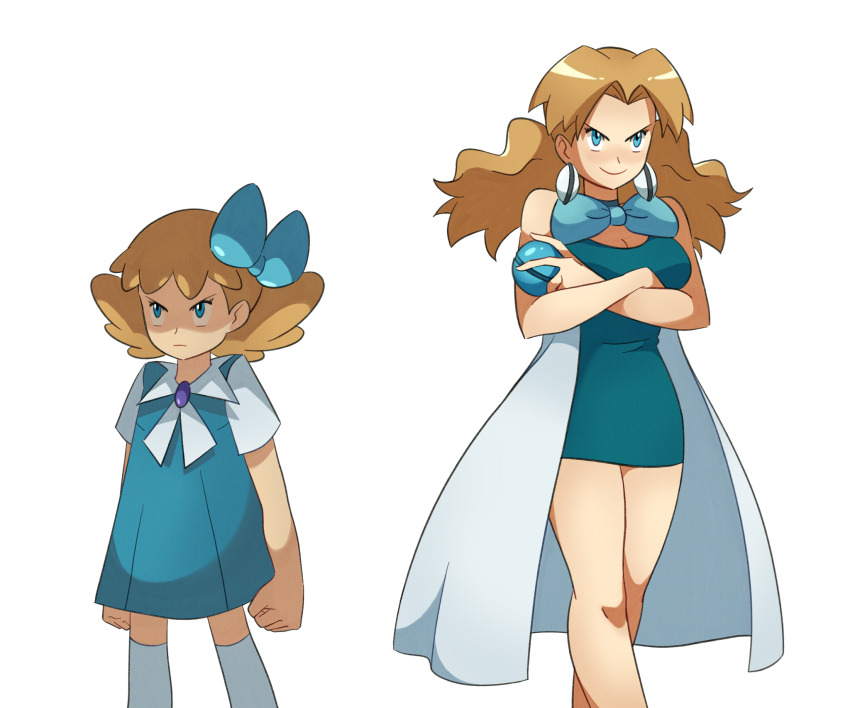 1girl aged_up blue_bow blue_bowtie blue_eyes blue_socks bow bowtie breasts cape cleavage commentary crossed_arms dress english_commentary game_freak hair_bow highres holding holding_poke_ball large_breasts light_frown molly_hale nintendo poke_ball pokemon pokemon_(anime) pokemon_(classic_anime) pokemon_3:_the_movie_-_spell_of_the_unown:_entei rizwan_rafiq scowl shaded_face smile socks twintails