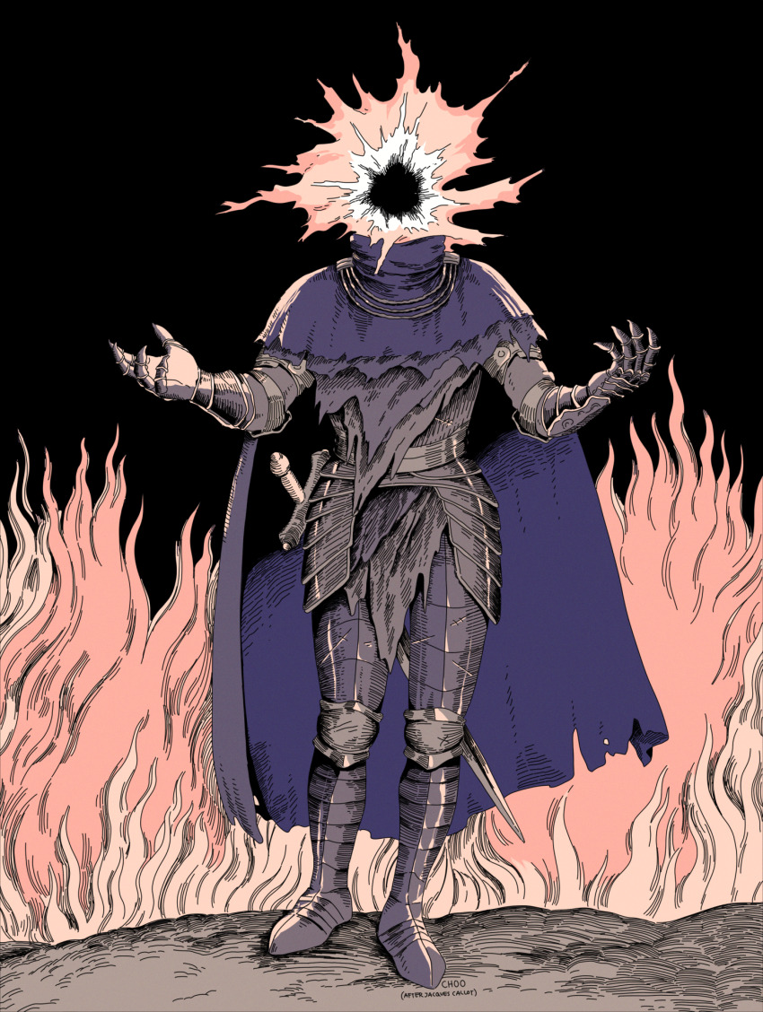1other ambiguous_gender armor black_background breastplate cape cape_clasp choo commentary damaged elden_ring english_commentary explosion fantasy faulds fire full_armor full_body gauntlets greaves hatching_(texture) high_collar highres limited_palette lord_of_the_frenzied_flame_(elden_ring) object_head original outstretched_arms pauldrons plate_armor purple_cape shoulder_armor simple_background solo spread_arms standing standing_on_rock sword torn_cape torn_clothes weapon