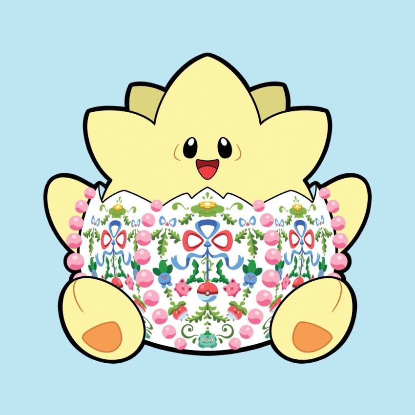 :d beckyandfrank blue_background bounsweet bulbasaur commentary english_commentary full_body gen_1_pokemon gen_2_pokemon gen_7_pokemon hoppip nintendo no_humans oddish open_mouth poke_ball_print pokemon pokemon_(creature) pokemon_focus simple_background sitting skiploom smile solo togepi tongue