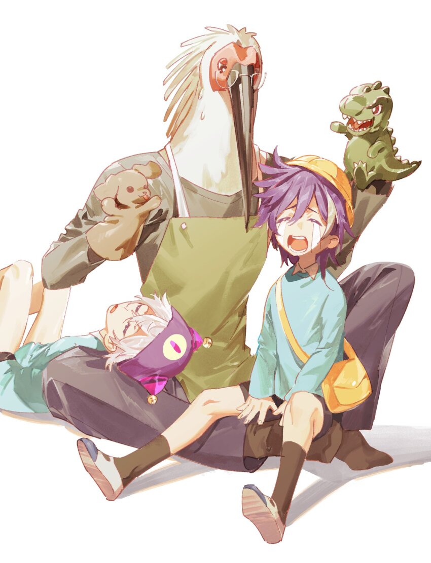3boys aged_down animal_puppet apron bag banzoin_hakka bird_boy black_socks blue_shirt character_hat child crested_ibis crying furry furry_male gavis_bettel glasses hand_puppet hat head_on_another&#039;s_leg highres holostars holostars_english kindergarten_bag kindergarten_uniform knee_up lying lynnear male_focus multiple_boys no_shoes phantom_(gavis_bettel) puppet purple_hair school_hat shirt single_hair_streak sitting sitting_on_leg socks streaming_tears tears tokimane virtual_youtuber white_hair