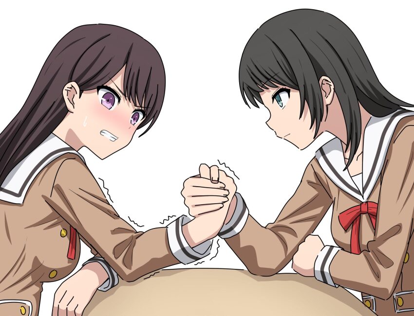 2girls arm_wrap arm_wrestling bang_dream! bang_dream!_it&#039;s_mygo!!!!! black_hair blue_eyes breasts brown_dress brown_hair cleavage closed_mouth commentary dress hanasakigawa_school_uniform highres long_hair long_sleeves medium_breasts medium_hair mole mole_under_eye multiple_girls neck_ribbon noshimurin purple_eyes red_ribbon ribbon sailor_collar sailor_dress school_uniform shiina_taki simple_background sweatdrop trembling white_background white_sailor_collar yahata_umiri