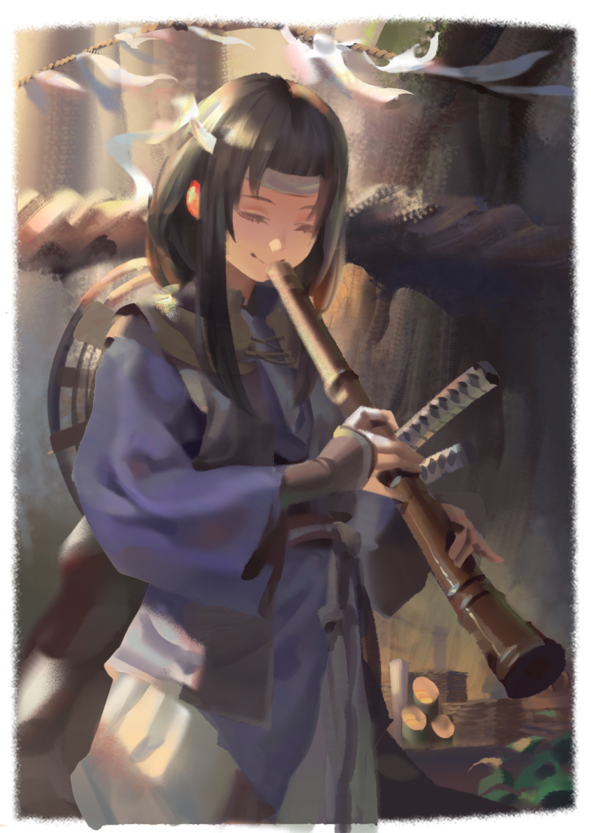 1girl brown_hair character_request closed_eyes closed_mouth commentary cowboy_shot ghost_of_tsushima headband highres holding holding_instrument instrument long_hair long_sleeves music playing_instrument psi_(583278318) rope shimenawa sidelocks smile solo