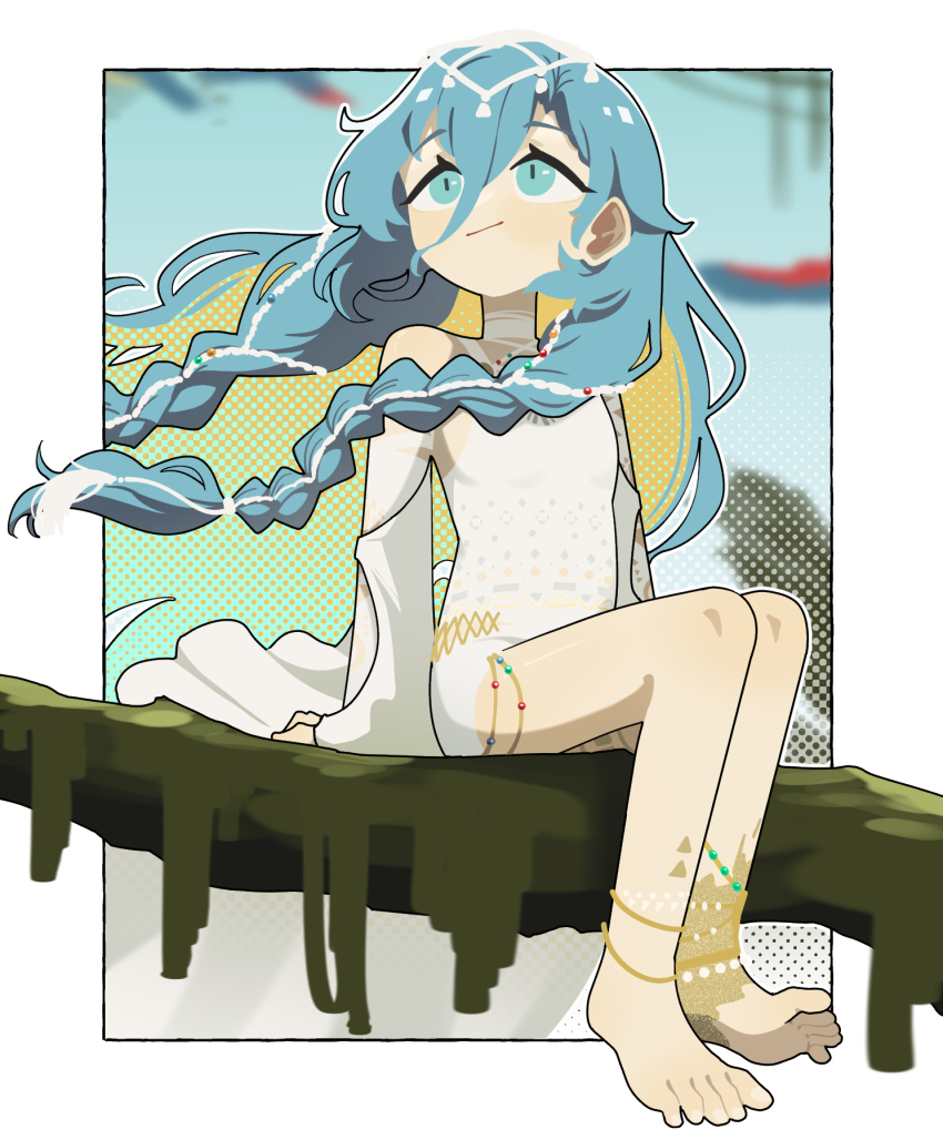 1girl 37_(down_in_the_grotto)_(reverse:1999) 37_(reverse:1999) anklet bare_shoulders barefoot blue_hair blue_sky blurry blurry_background cape daku_k deformed detached_sleeves floating_hair full_body hair_ornament halftone halftone_background highres jewelry long_hair looking_up official_alternate_costume on_branch one-piece_swimsuit outside_border reverse:1999 sitting sitting_on_branch sky smile solo swimsuit turning_head very_long_hair white_background white_cape white_one-piece_swimsuit white_sleeves