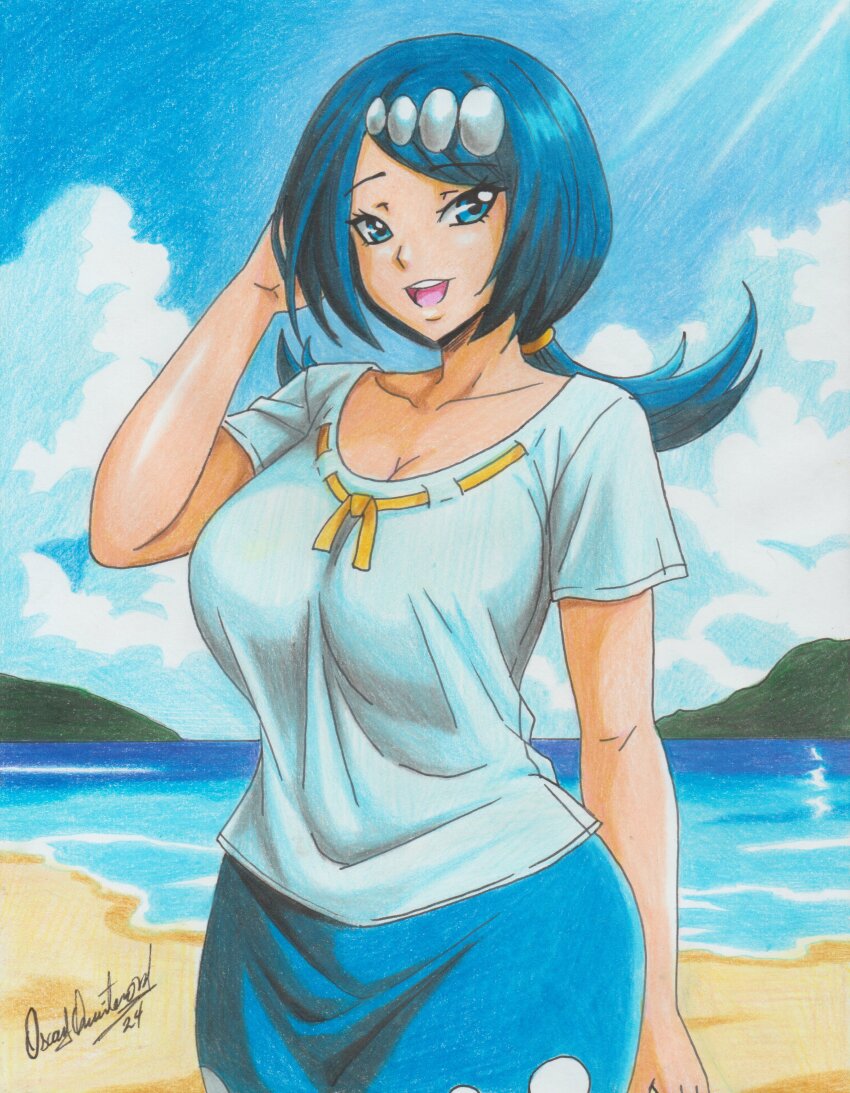 1girl 2024 absurdres blue_eyes blue_hair blue_shirt breasts cleavage collarbone game_freak highres lana&#039;s_mother_(pokemon) large_breasts mature_female nintendo open_mouth outdoors pokemon pokemon_(anime) pokemon_sm_(anime) ponytail ravernclouk_design shirt solo