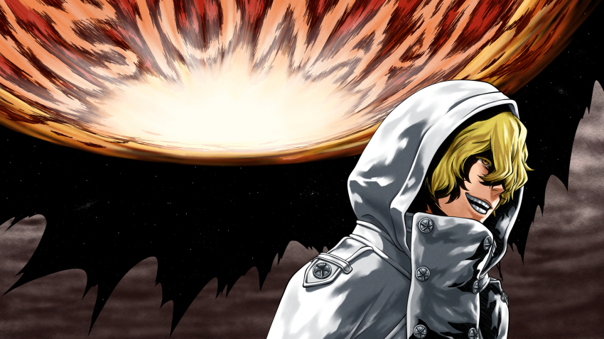 1boy bleach bleach:_sennen_kessen-hen bleachist blonde_hair buttons coat colored_eyelashes commentary double-breasted english_text evil_smile from_side gremmy_thoumeaux highres hood hood_up hooded_coat incoming_attack kubo_tite_(style) looking_ahead male_focus meteor nose official_style open_mouth profile quincy_(bleach) shaded_face short_hair smile solo space teeth upper_body wandenreich wavy_hair white_coat yellow_eyes