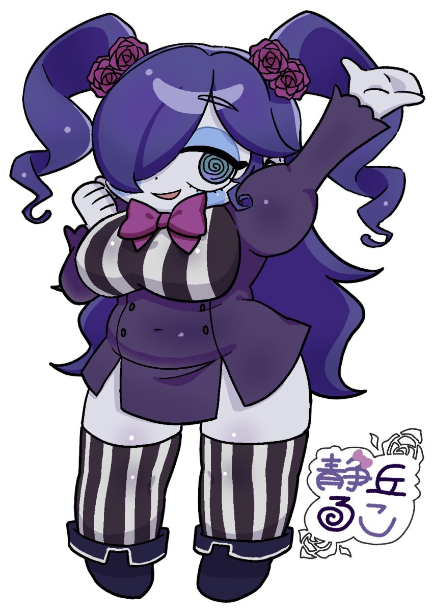 1girl breasts chibi colored_skin flower goth_fashion gothic_lolita hair_over_one_eye highres huge_breasts lolita_fashion long_hair plump purple_hair rukosizuoka shizuoka_ruko thighhighs thighs twintails white_skin