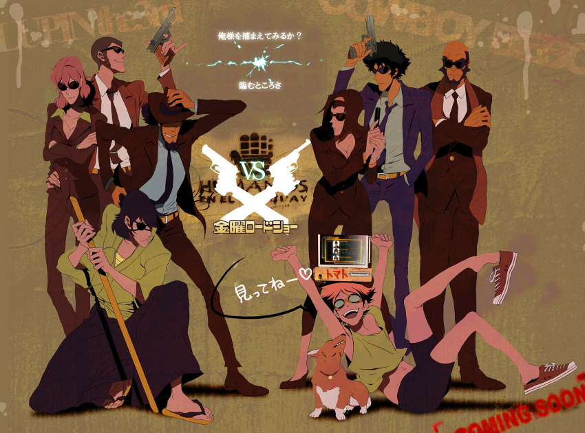 1990s_(style) 3girls 5boys androgynous arsene_lupin_iii bad_id bad_pixiv_id beard breasts cleavage cowboy_bebop crossover dog edward_wong_hau_pepelu_tivrusky_iv ein_(cowboy_bebop) facial_hair faddawdle faye_valentine fedora formal_clothes goggles gun hat highres ishikawa_goemon_xiii jacket japanese_clothes jet_black jigen_daisuke katana lupin_iii medium_breasts mine_fujiko multiple_boys multiple_girls object_on_head pinky_out red_jacket retro_artstyle reverse_trap shirasaya shoe_dangle sideburns spike_spiegel suit sunglasses sword weapon welsh_corgi