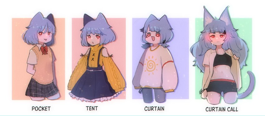 1girl :3 :d :p animal_ear_fluff animal_ears arm_behind_back beige_vest black_panties black_skirt black_sports_bra blue_hair blush boyshort_panties cat_ears cat_girl cat_tail clothing_cutout commentary cowboy_shot cropped_legs curtain_call_challenge_(meme) flat_chest frilled_skirt frills hair_ornament hairclip highres long_hair long_sleeves looking_at_viewer meme mole mole_on_leg mole_on_stomach multiple_views neqo_(neneneqo) open_clothes open_mouth open_shirt original panties puffy_long_sleeves puffy_sleeves red_eyes short_hair short_shorts short_sleeves shorts shoulder_cutout simple_background skirt sleeves_past_fingers sleeves_past_wrists smile sports_bra suspender_skirt suspenders sweat symbol-only_commentary tail tongue tongue_out turtleneck underwear vest