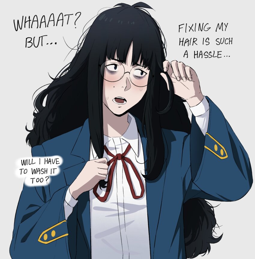 1girl bags_under_eyes black_eyes black_hair collared_shirt commentary english_commentary english_text francisco_mon glasses highres holding holding_own_hair jacket jimiko long_sleeves looking_to_the_side messy_hair mole neck_ribbon open_mouth original ribbon school_uniform shirt solo sweat umi_(francisco_mon) upper_body